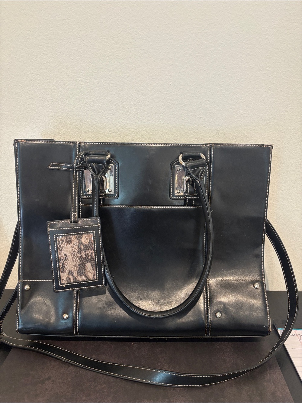 Vintage Wilsons Leather Black Laptop Tote Bag Briefcase Contrast Stitch Y2K